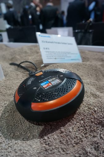 The ruggedised Bluetooth Portable Outdoor Speaker was shown off in a great way on the Panasonic booth.