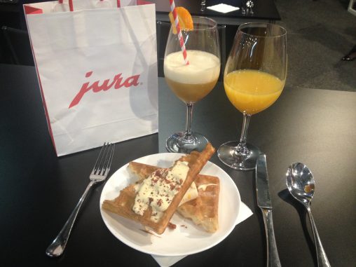 The Jura breakfast: waffles with coffee-flavour cream and bacon dust and a coffee and orange juice mocktail.
