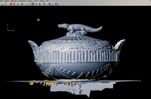 Shane Rolton from WYSIWYG 3D scanning object 92/1257 Wedgwood & Sons stoneware sugar bowl, England c.1805. Photographed by Shannon Glasson (Work-Experience Student from Woolooware High School) in the Powerhouse Museum Photography studio on 12th June 2014.