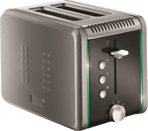 The Russell Hobbs Colour Control toaster (20170AU, RRP $79.95) features a light strip that changes colour at 25 per cent intervals from blue to purple to red to green.