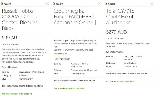 Screenshots from Houzz directing veiwers from product information to buy products online.