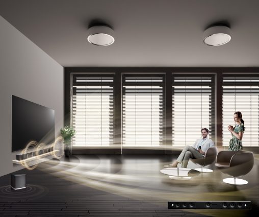 LG's hero soundbar (LAS950M) with the Music Flow flowing out of it.